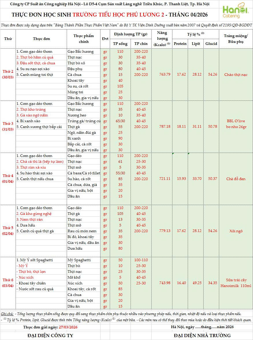 THỰC ĐƠN HỌC SINH TRƯỜNG TIỂU HỌC PHÚ LƯƠNG 2 (Từ ngày 30/3 - 03/4)