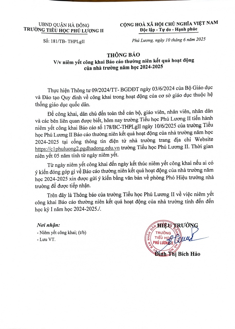 TB niêm yết công khai báo cáo thường niên kết quả hoạt động của nhà trường năm học 2024 2025