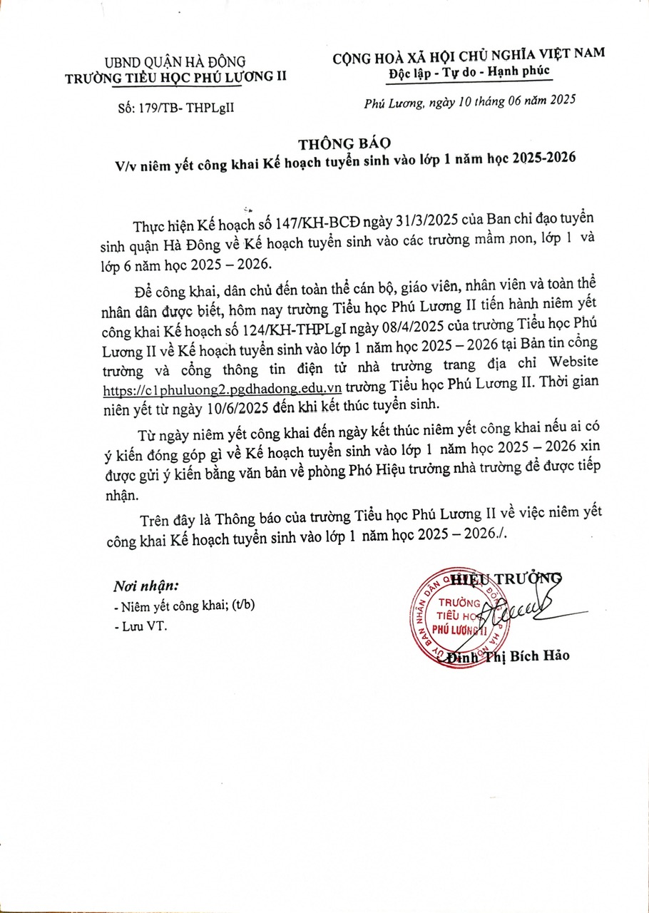 TB niêm yết công khai Kế hoạch tuyển sinh lớp 1 năm học 2025 2026