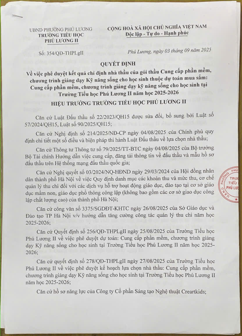 354/QĐ-THPLgII Quyết định phê duyệt kết quả chỉ định nhà thầu