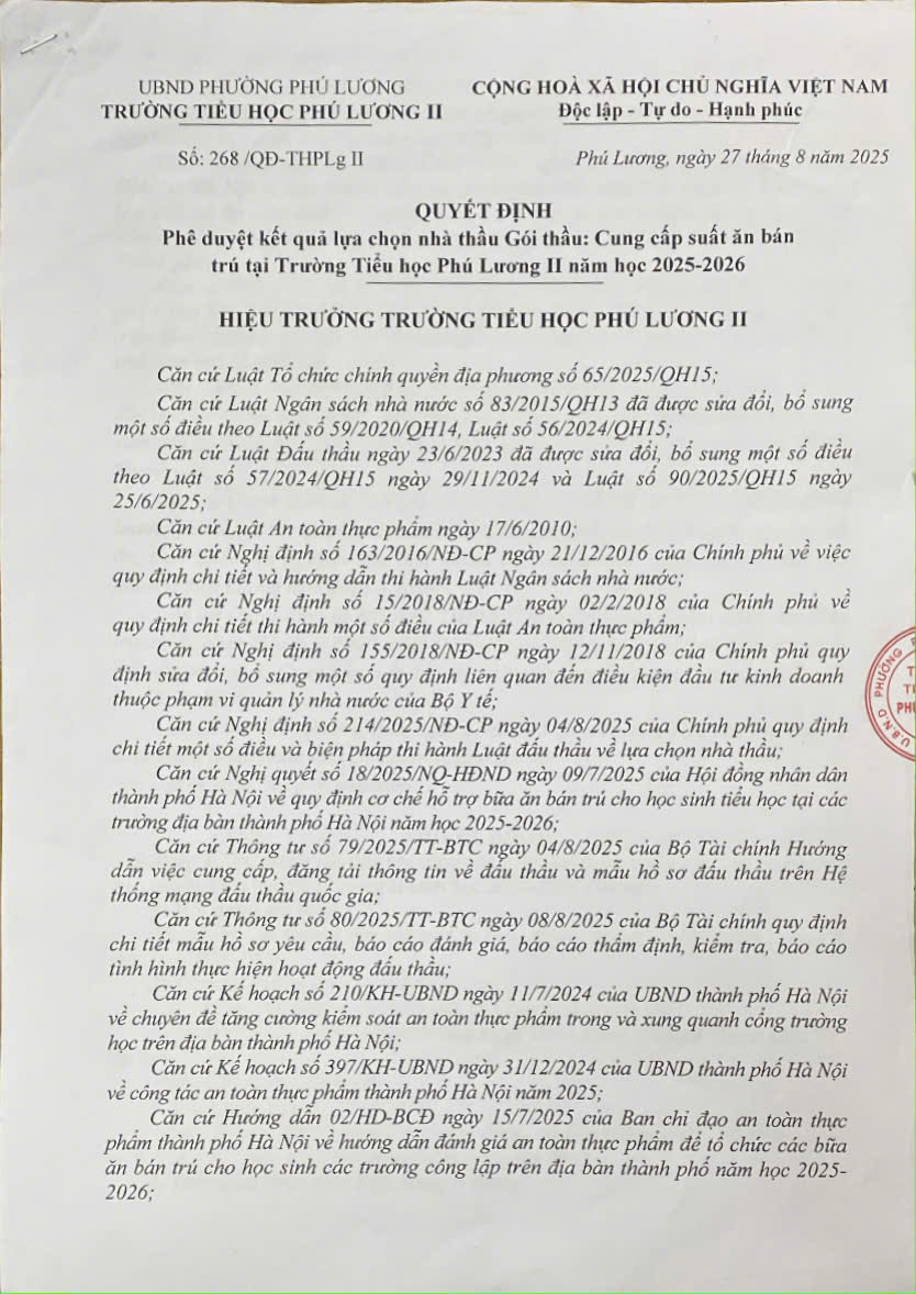 Số 268/QĐ-THPLgII Quyết định phê duyệt kết quả lựa chọn nhà thầu gói thầu: Cung cấp suất ăn bán trú