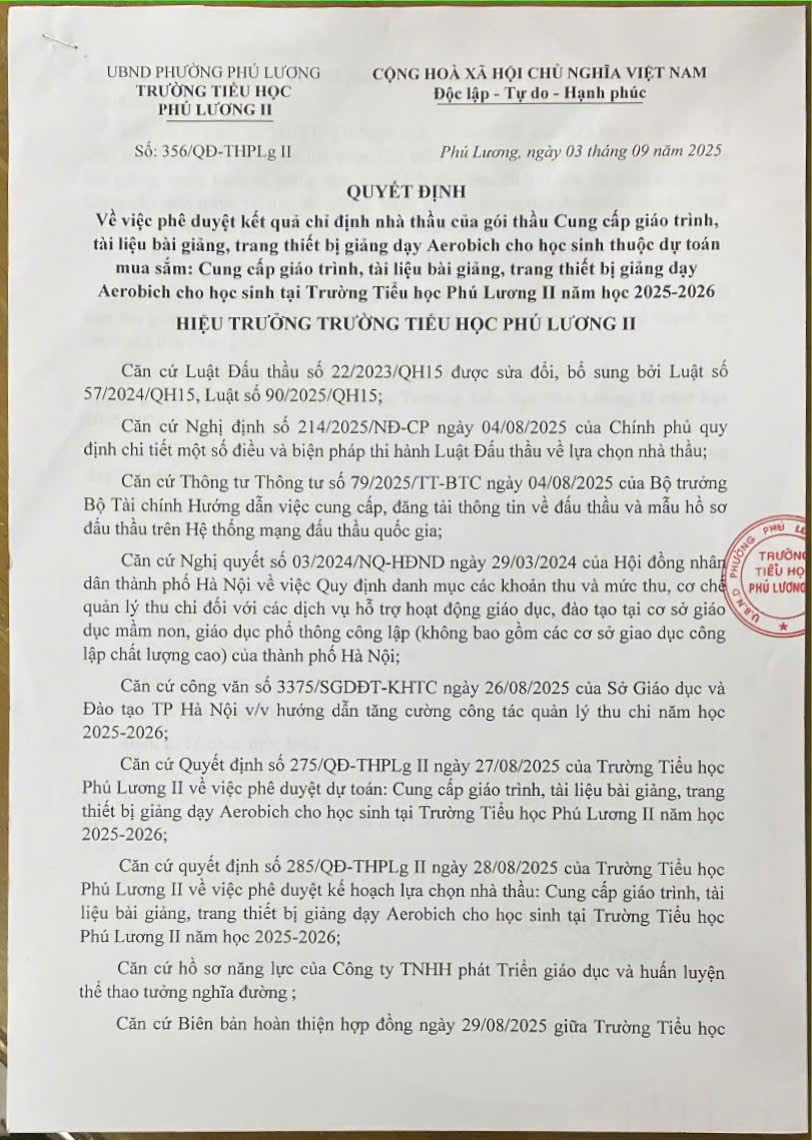 Quyết định phê duyệt kết quqar chỉ định nhà thầu gói thầu cung cấp giáo trình, tài liệu...Aerobich Năm học 2025 - 2026