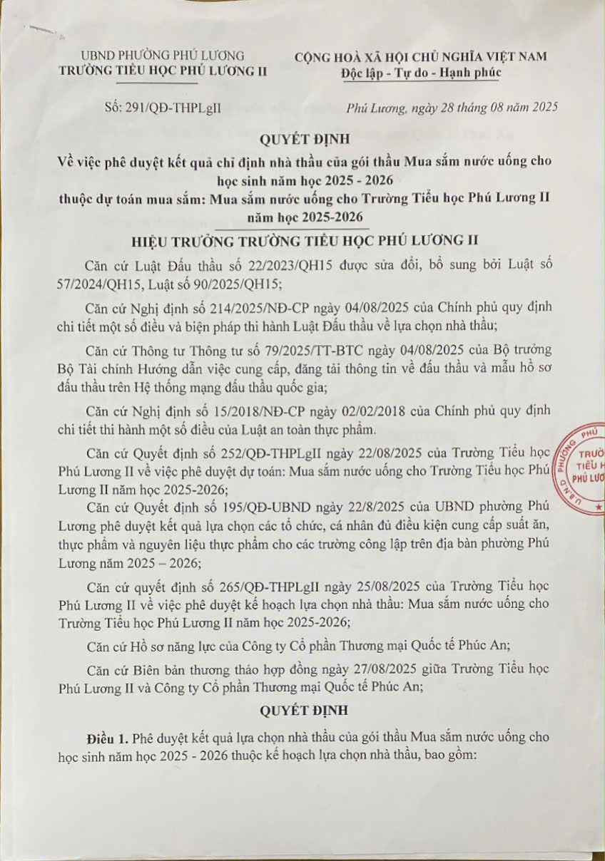 Quyết định phê duyệt kết quả chỉ định nhà thầu gói thầy mua sắm nước uống cho học sinh năm học 2025 -2026