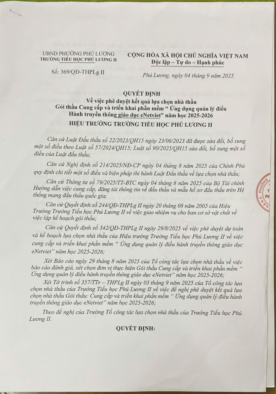 Quyết định về việc phê duyệt kết quả lựa chọn nhà thầu Cung cấp và triển khai Phần mềm eNetviet năm học 2025 -2026