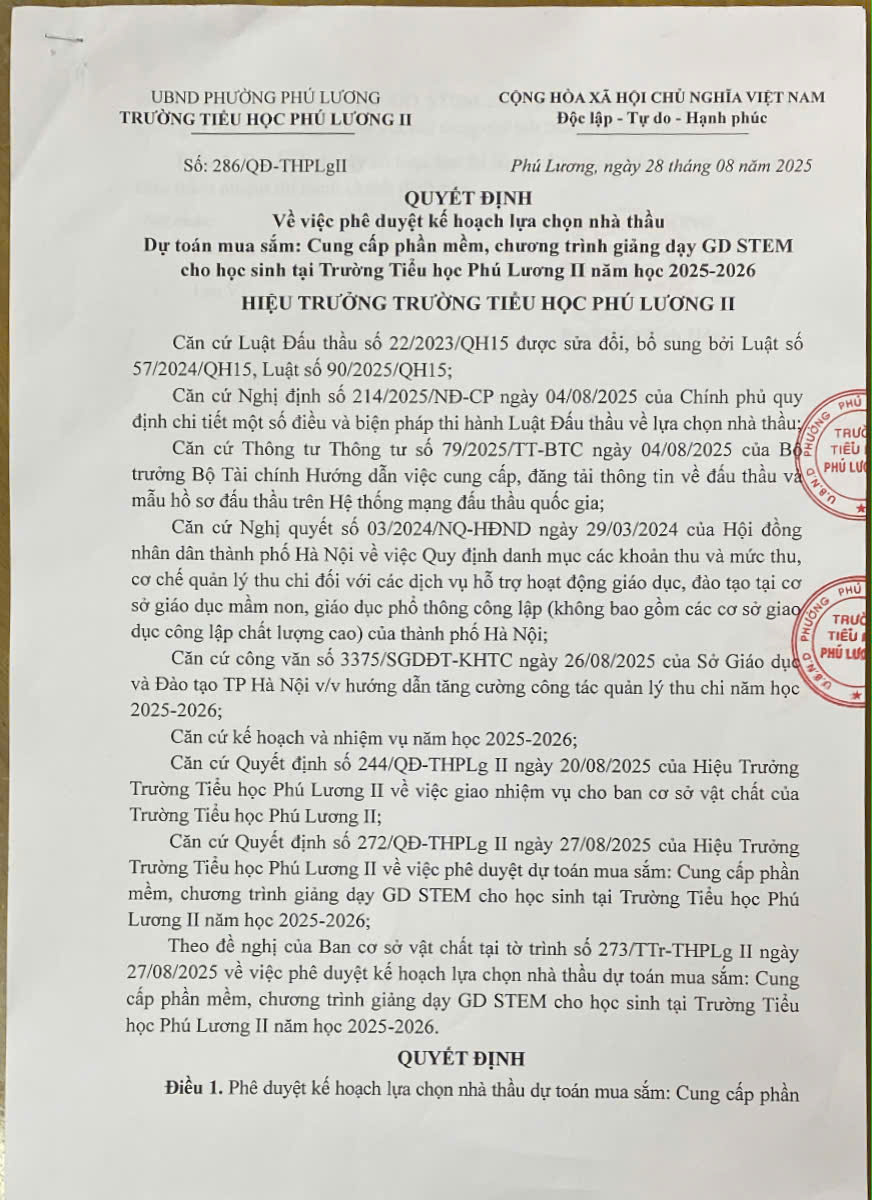 Quyết định phê duyệt keess hoạch lựa chọn nhà thầu GD Stem Năm học 2025 - 2026