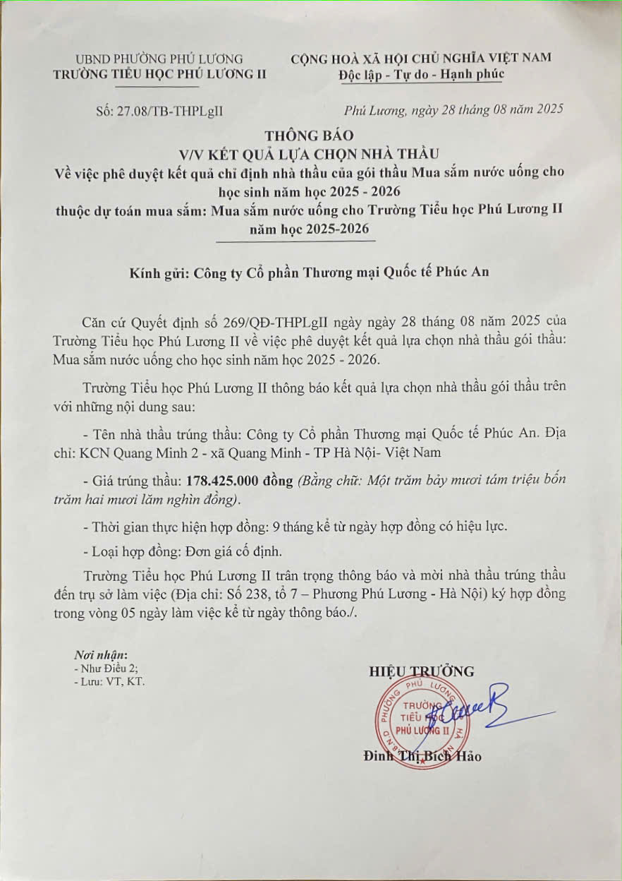 Thông báo kế quả lựa chọn nhà thầu Nước uống cho học sinh năm học 2025- 2026