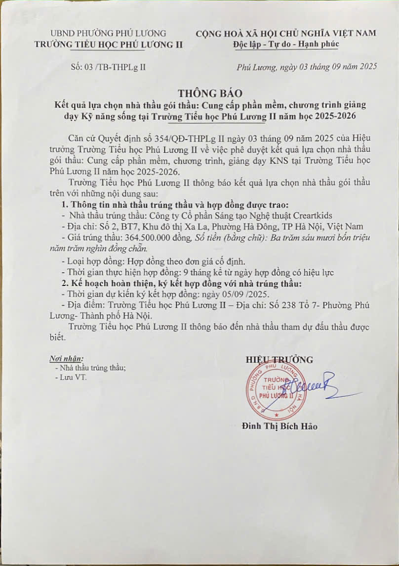 Số 03/TB-THPLgII Thông báo kết quả lựa chọn nhà thầu