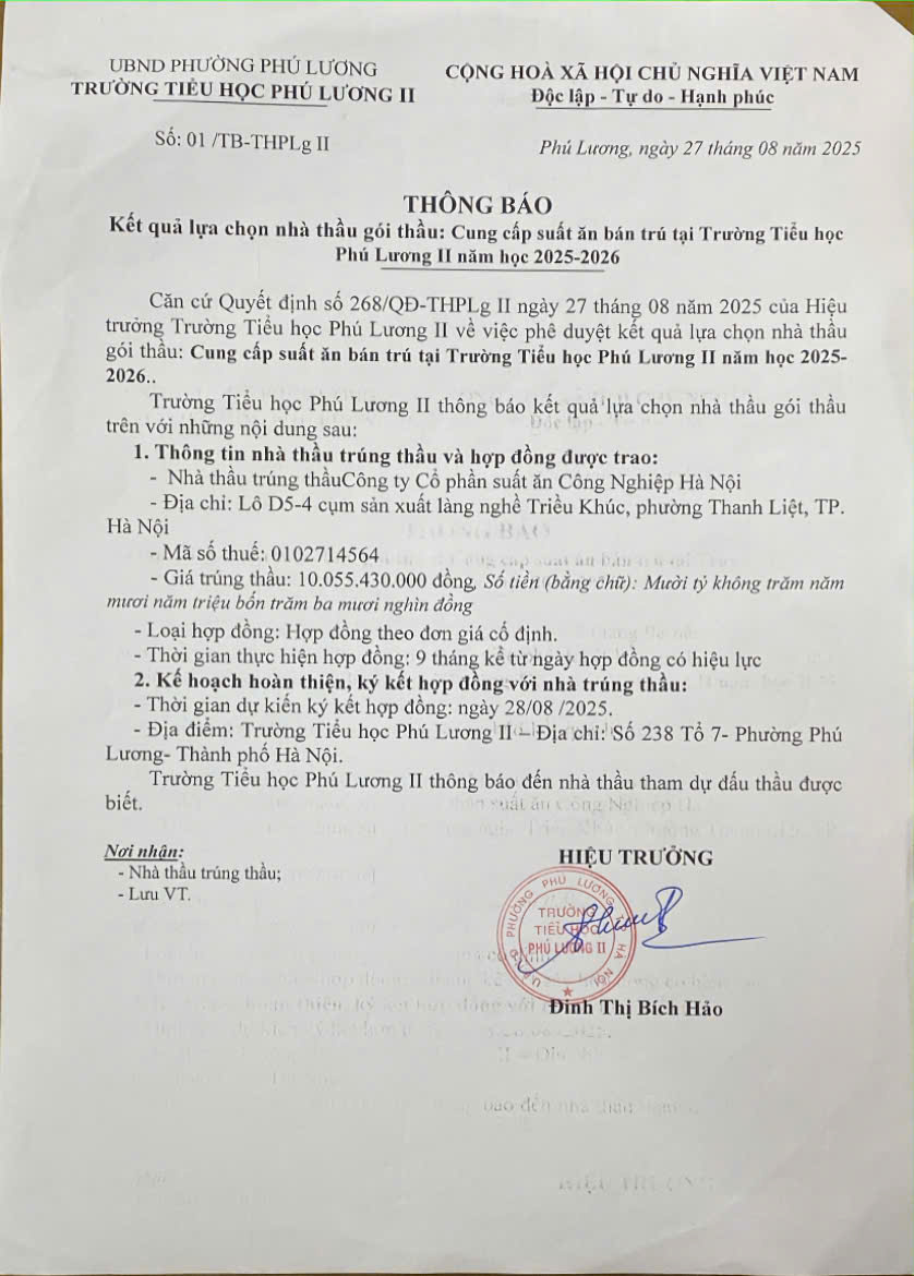 Thông báo kết quả lựa chọn nhà thầu cung cấp suất ăn bán trú