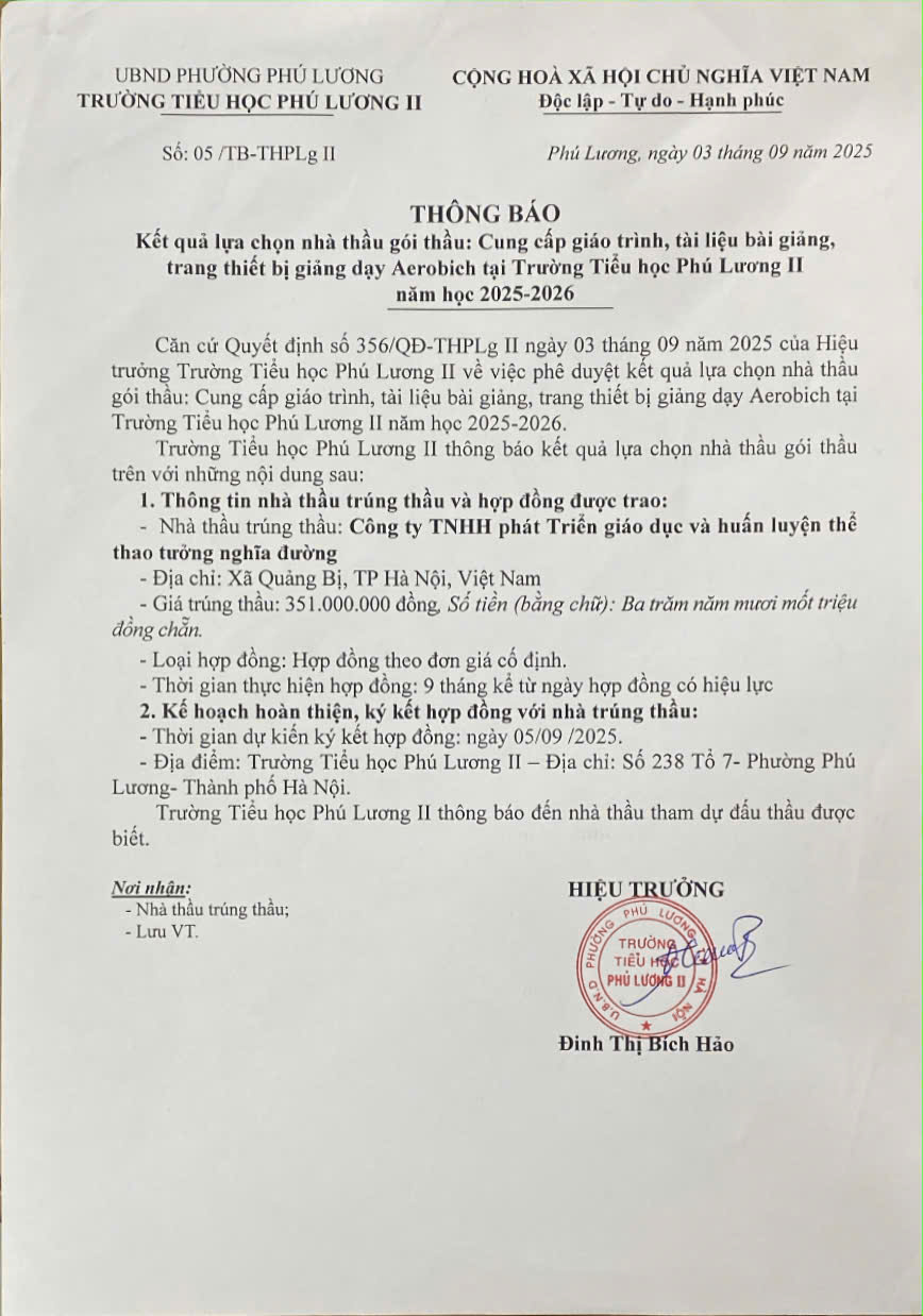 Thông báo kết quả lựa chọn nhà thầu gói thầu Aerobich Năm học 2025 - 2026